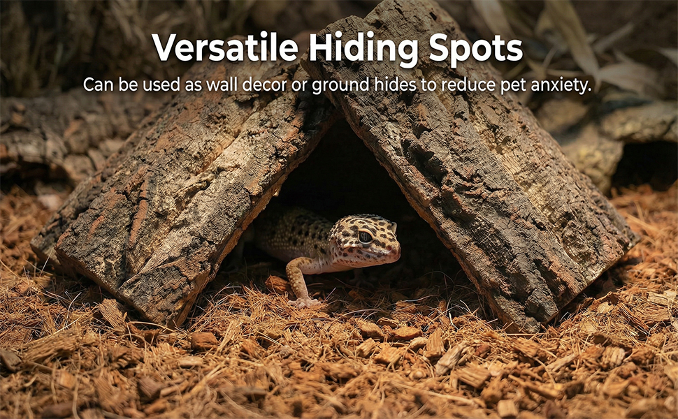 Text reads 'Versatile Hiding Spots' followed by 'Can be used as walls/roof or ground holes to reduce pet anxiety.' Close-up of natural brown bark or wood texture.