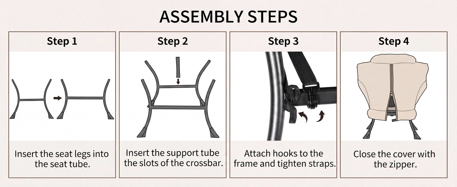 Text reads 'ASSEMBLY STEPS' with four illustrated steps showing: Step 1 'Insert the seat legs into the seat hole', Step 2 'Secure the seat to the backrest with bolts', Step 3 silhouette of chair, Step 4 silhouette of finished chair.