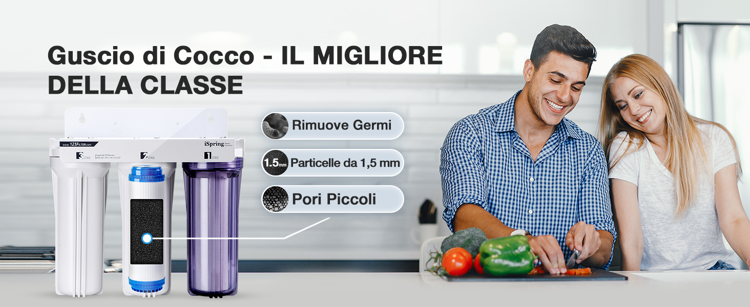 Sistema di filtrazione dell'acqua con più cilindri. Le caratteristiche includono 'Rimuove Germi', 'Particelle da 1,5 mm' e 'Pori Piccoli'. Testo 'Guscio