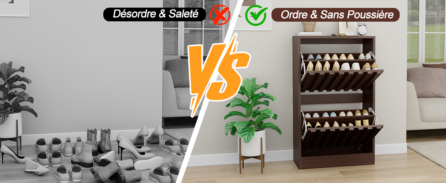 Image de comparaison divisée montrant un rangement à chaussures désorganisé par rapport à un meuble à chaussures organisé avec des plantes.