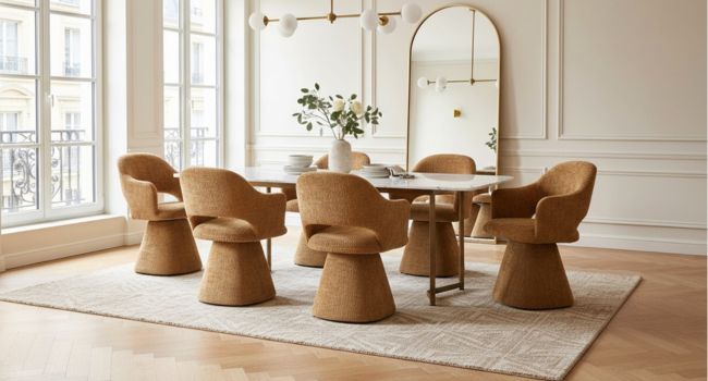 Modernes, minimalistisches Interieur mit beigen pilzförmigen Stühlen und runden Tischen, die in einem eleganten, hellen Raum mit hohen Fenstern angeordnet sind.