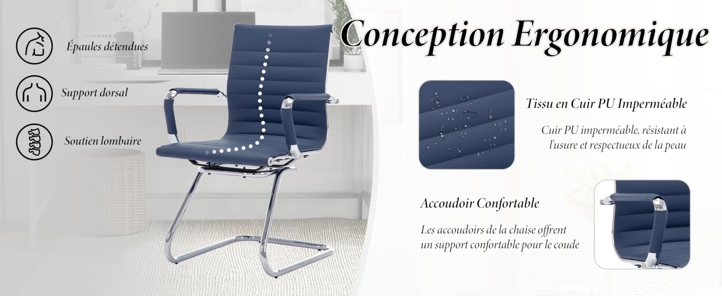 Le texte indique « Konception Ergonomique », suivi de photos de produits montrant des coussins ou des coussins de siège bleu marine avec des éléments de design ergonomiques.