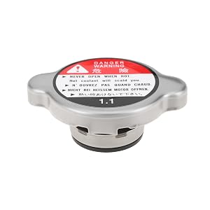 Text reads 'DANGER' on silver radiator cap with safety warnings. Multiple views of automotive radiator pressure cap with release mechanism.