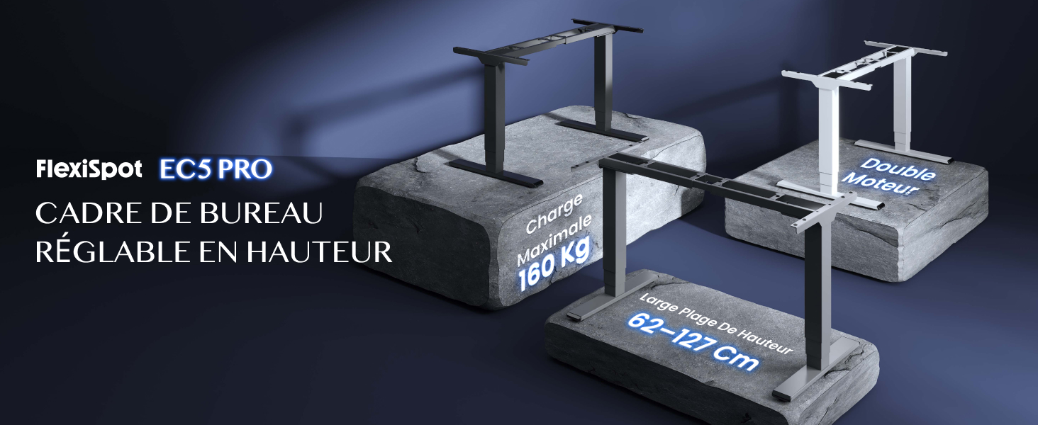 Le texte se lit comme suit : « FLEXISPOT ECS PRO CADRE DE BUREAU RÉGLABLE EN HAUT ».