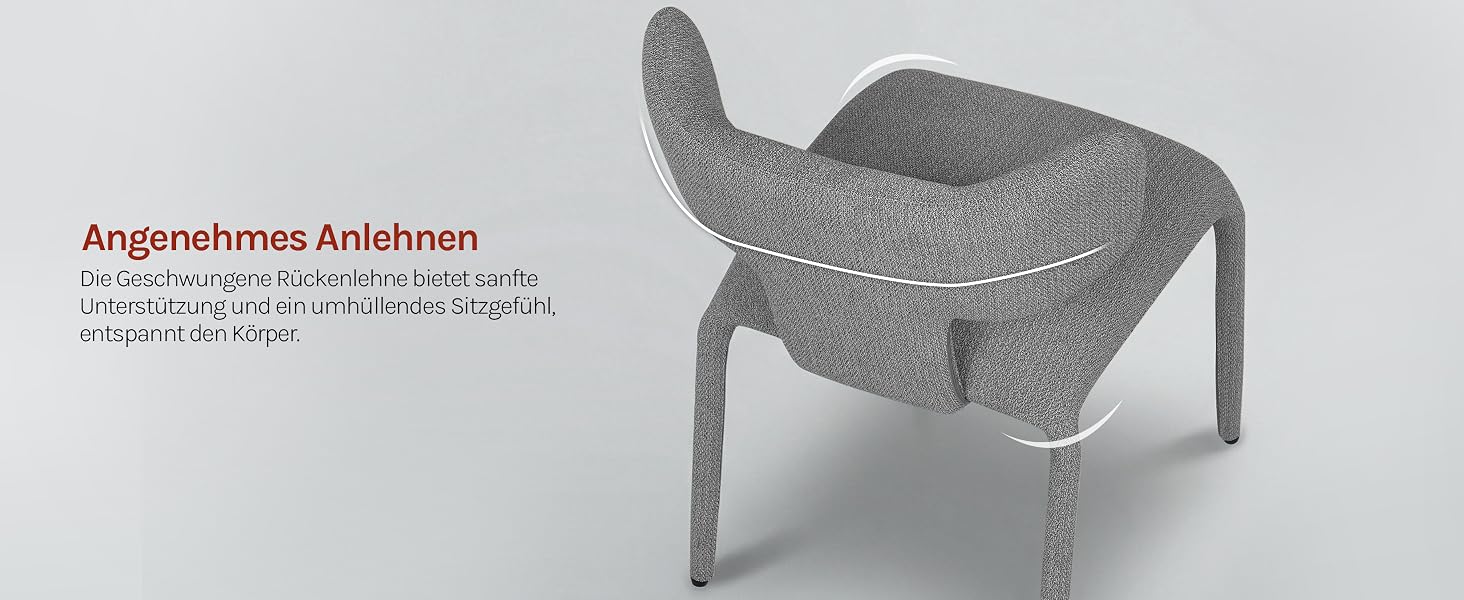 Der Text lautet „Angenehmes Anlehnen“. Abstrakte Stuhlskulptur aus strukturiertem grauem Material mit geschwungenem Sitz und mehreren Beinen.