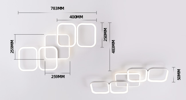 Modulare LED-Deckenleuchte mit sechs miteinander verbundenen rechteckigen Rahmen. Abgebildete Abmessungen: 783 mm Breite, 489 mm Höhe. Strahlt warmweißes Licht aus. Auf weißer Oberfläche montiert
