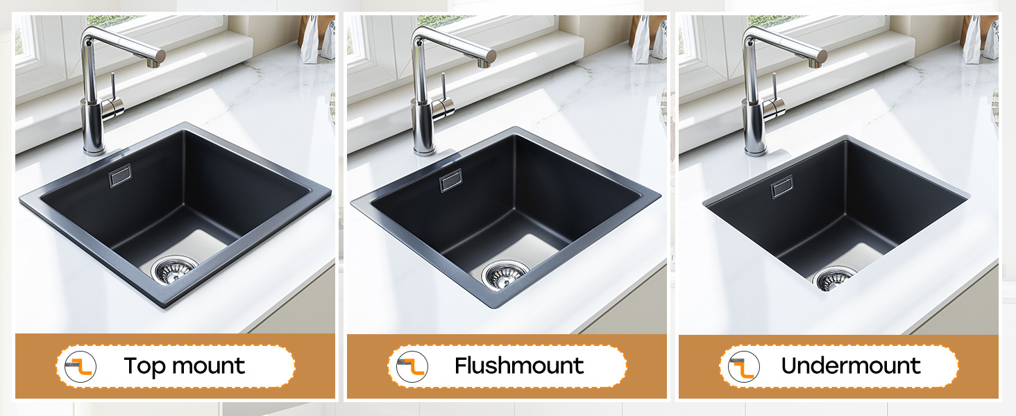 Three kitchen sinks in black, showing different mounting styles: top mount, flush mount, and undermount. Each sink features a stainless steel drain and is paired with a modern faucet.