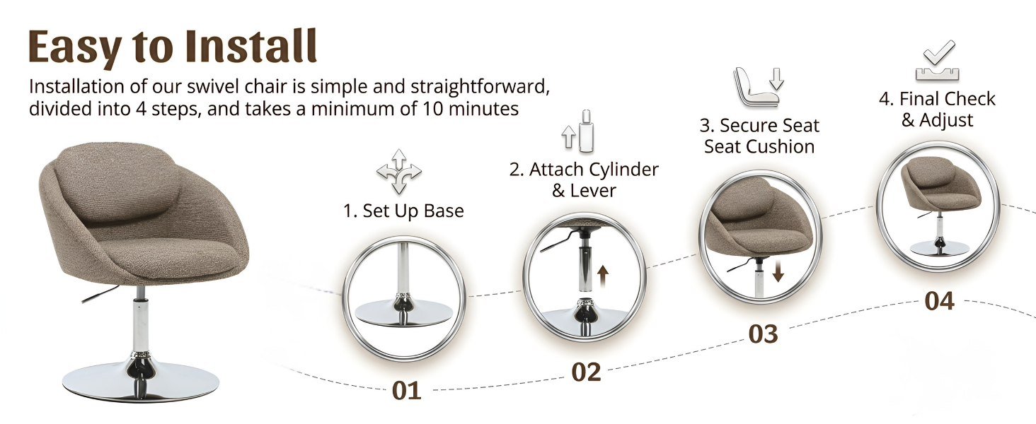 Text reads 'Easy to Install' with 4-step installation diagram showing chair assembly process labeled 01 through 04, including 'Set Up Base,' 'Attach Cylinder,' 'Secure Seat Surface,' and final assembled view.