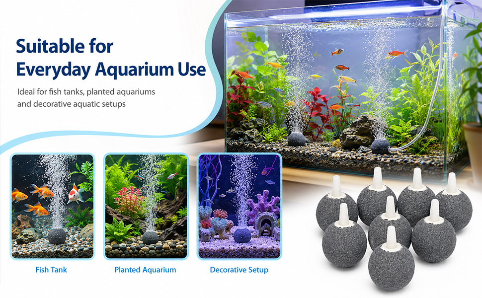 Text reads 'Suitable for Everyday Aquarium Use' and 'Fish Tank, Planted Aquarium, Decoration Setup'. Aquarium setup guide showing decorative black spherical/textured ornaments and planted aquarium environments for fish tanks.