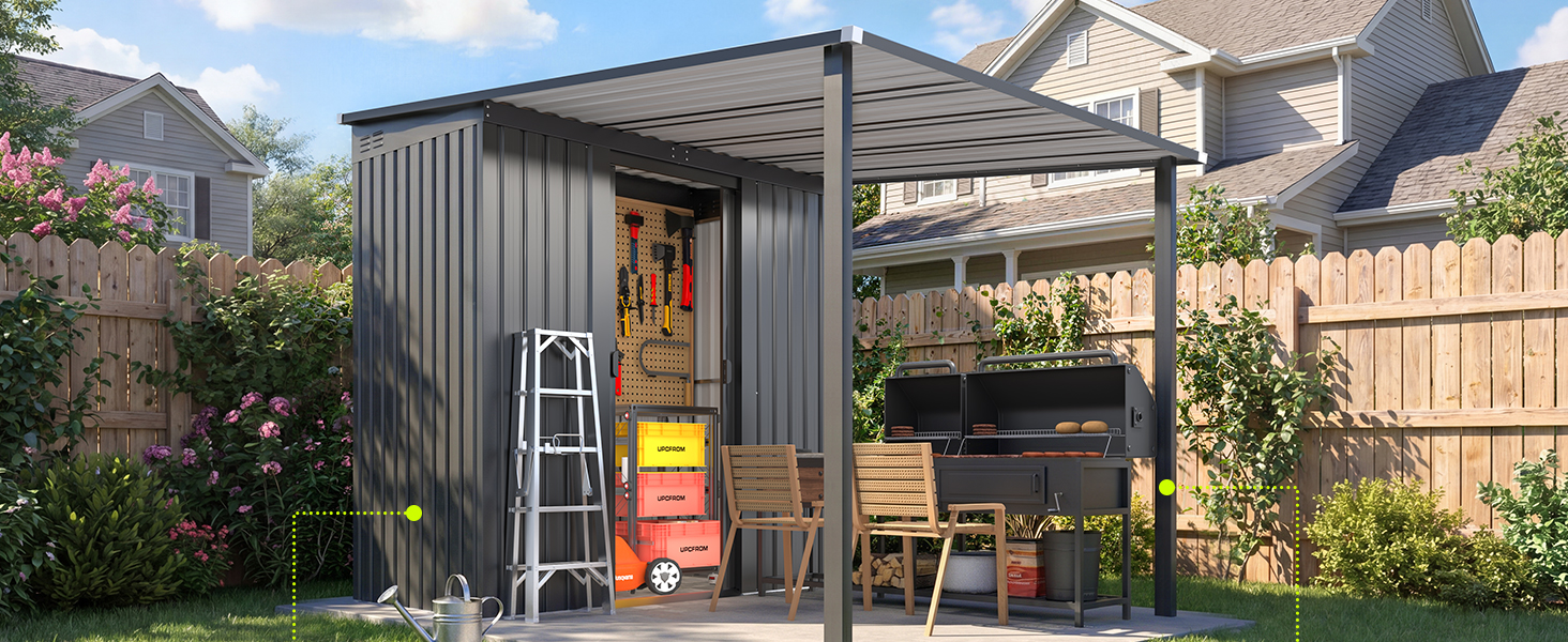 Large red cylindrical storage container or tank displayed in backyard shed area surrounded by residential landscape and wooden structures.
