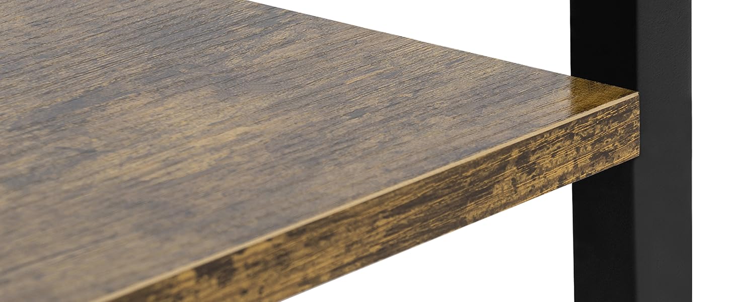 Primo piano del bordo di un tavolo in legno, che mostra la trama delle venature del legno marrone scuro e una struttura di supporto nera
