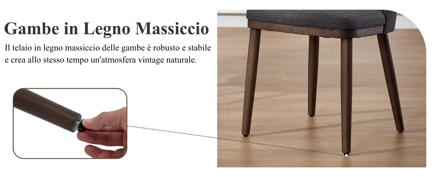 Il testo recita «Gambe in Legno Massiccio». Viste multiple di gambe o supporti di mobili in legno mostrati su sfondo bianco.