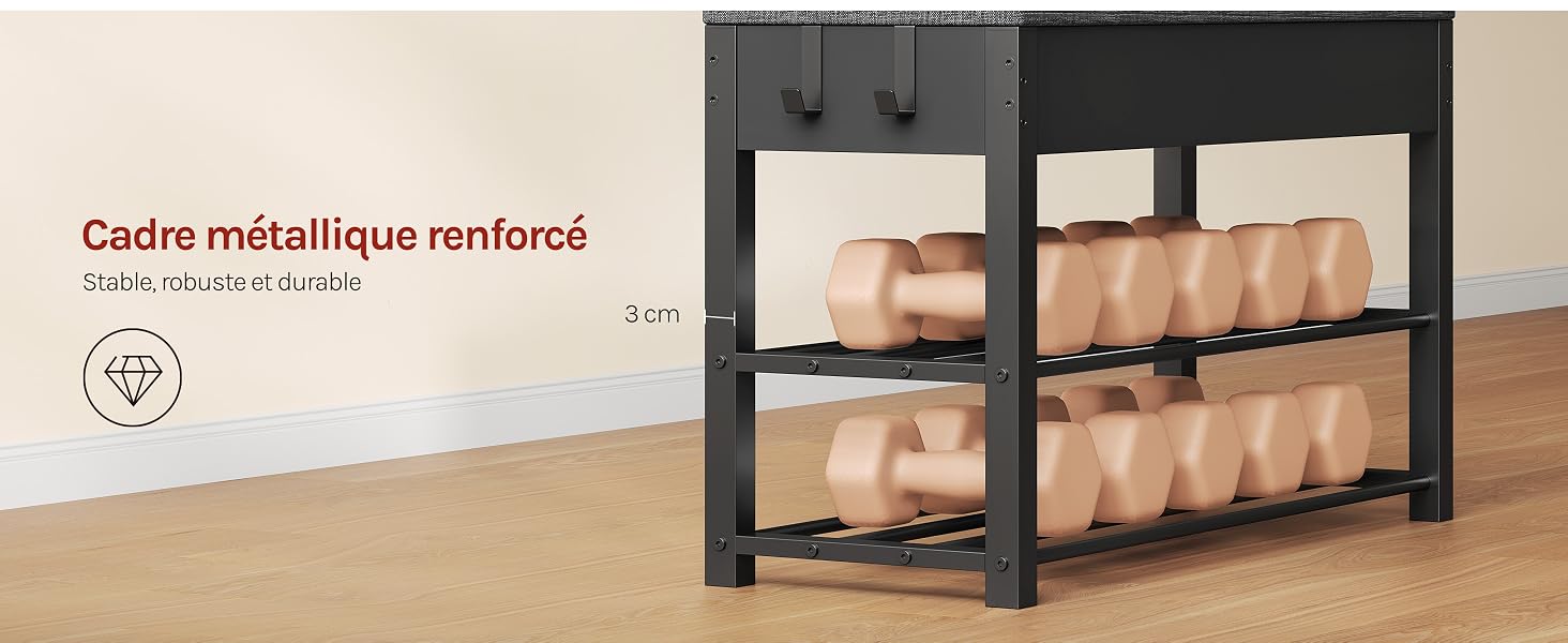 Le texte indique « Cadre métallique renforcé » et « Rangement pratique et sûr ». Étagère en métal noir contenant plusieurs œufs disposés sur des étagères en bois en intérieur.