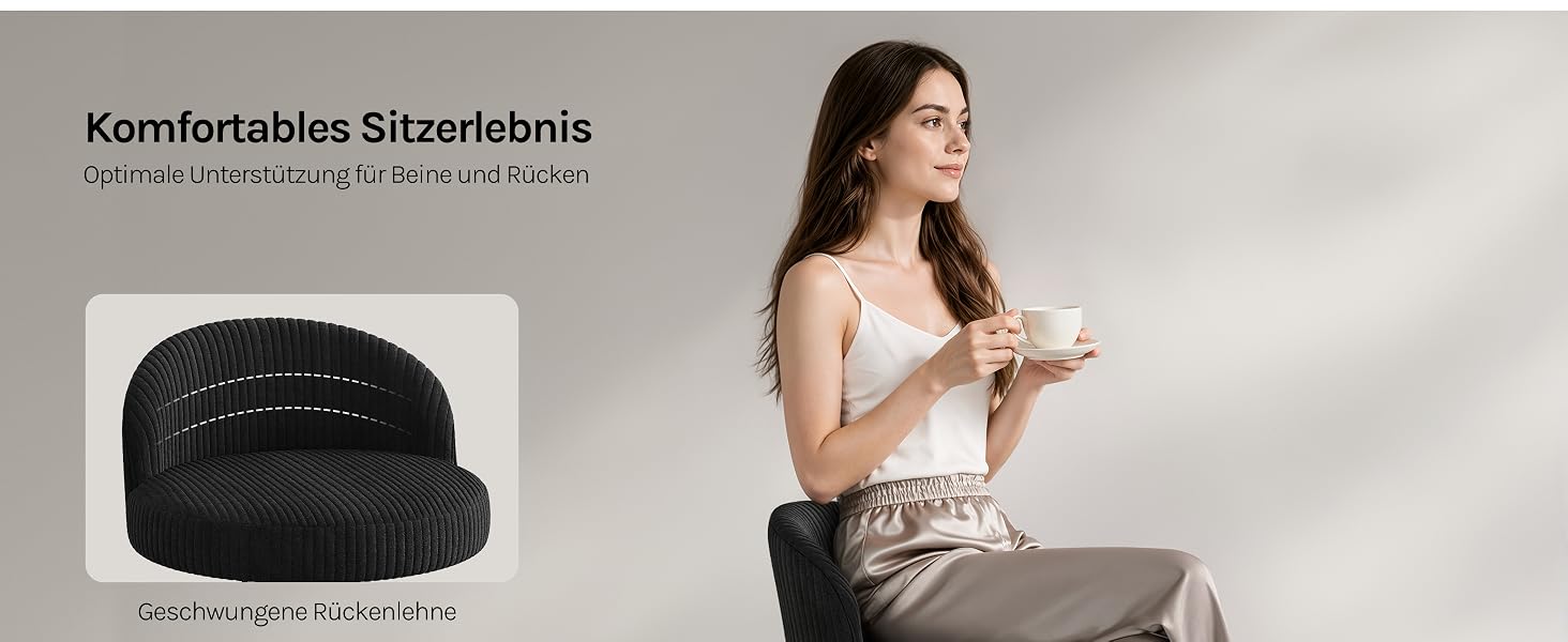 Der Text lautet „Komfortables Straßenkombis“. Schwarzes, gebogenes Produkt, das neben einer sitzenden Frau mit weißer Oberseite ausgestellt ist. Das Produkt ist zur Besichtigung positioniert.