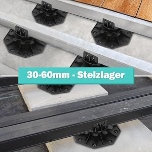 Supports de terrasse réglables en plastique noir sur des marches en béton. Le texte superposé indique « 30-60 mm - Stelzlager », indiquant la gamme de tailles pour ces pieds