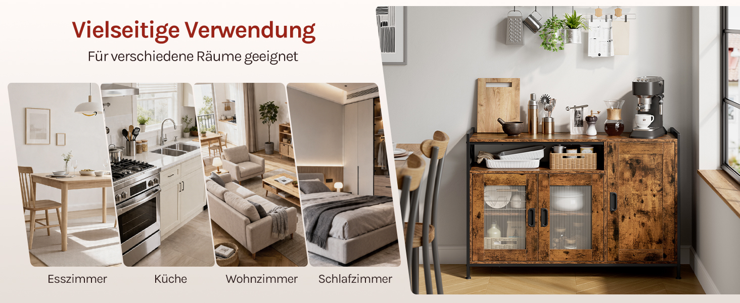 Der Text lautet „Vielfaltige Verwendung“ und „für viele verschiedene Einrichtungen“. Zusammengesetztes Bild, das die Innenausstattung des Raums mit Möbeln und dekorativen Aufbewahrungsstücken zeigt.