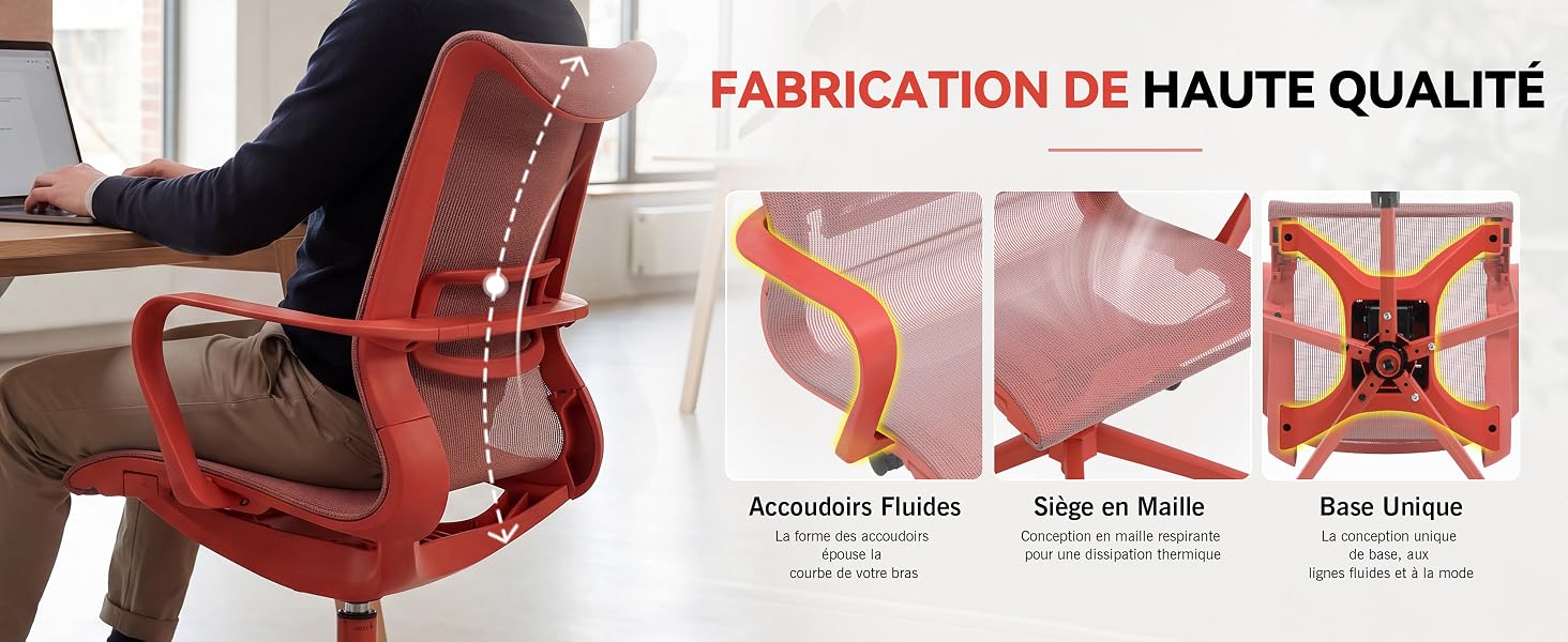 Le texte se lit comme suit : « FABRICATION DE HAUTE QUALITÉ ». Chaise de bureau rouge et bordeaux avec des schémas de construction détaillés montrant les accoudoirs, les mécanismes des pieds et les spécifications d'assemblage du cadre pour une fabrication de qualité.