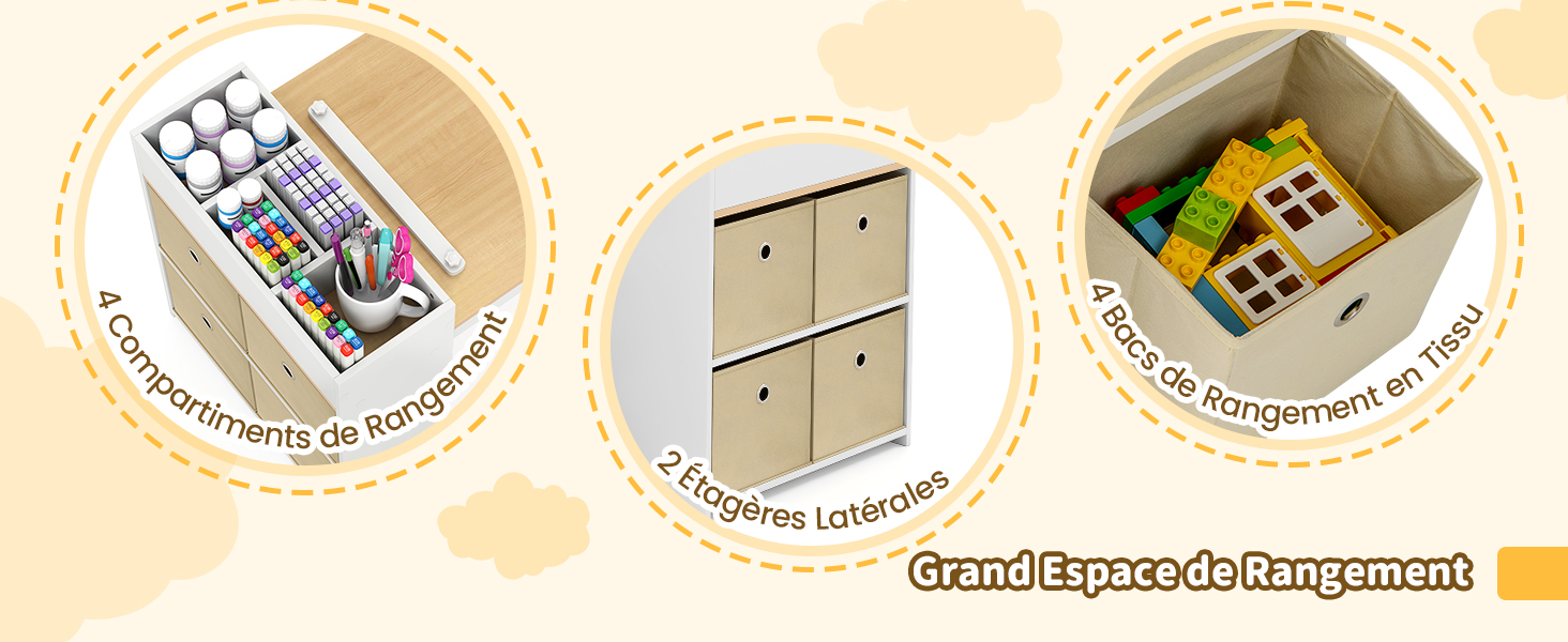 Système de rangement organisationnel à trois composants : tiroir compartimenté pour les fournitures de bureau, armoire à quatre tiroirs et boîte contenant des blocs de construction et
