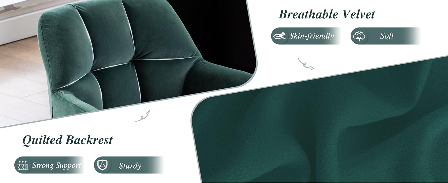 Text reads 'Breathable Velvet' and 'Quilted Backrest'. Product images showing dark green velvet upholstery fabric in different views and textures.
