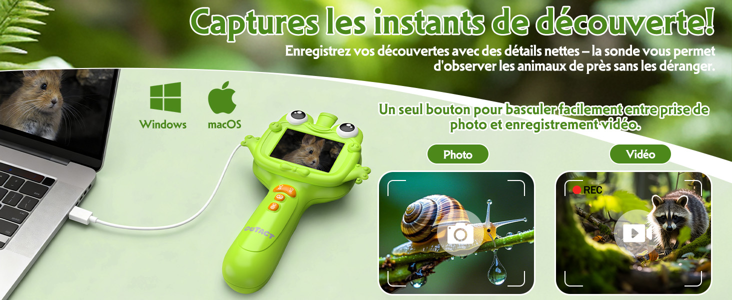 Le texte se lit comme suit : « Captures les instants de découverte ! » avec un texte sous-titré sur les découvertes et l'exploration. Appareil portatif jaune-vert fluo avec poignée connectée via un câble USB à un ordinateur portable, affiché avec des exemples de captures de photos à l'écran.