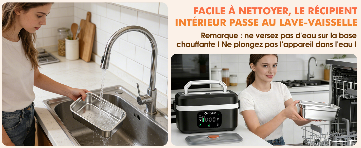 Le texte se lit comme suit : « FACILE À NETTOYER, LE RÉCIPIENT INTÉRIEUR PASSE AU LAVE-VAISSELLE ». Série d'images illustrant le processus de nettoyage des appareils de cuisine.