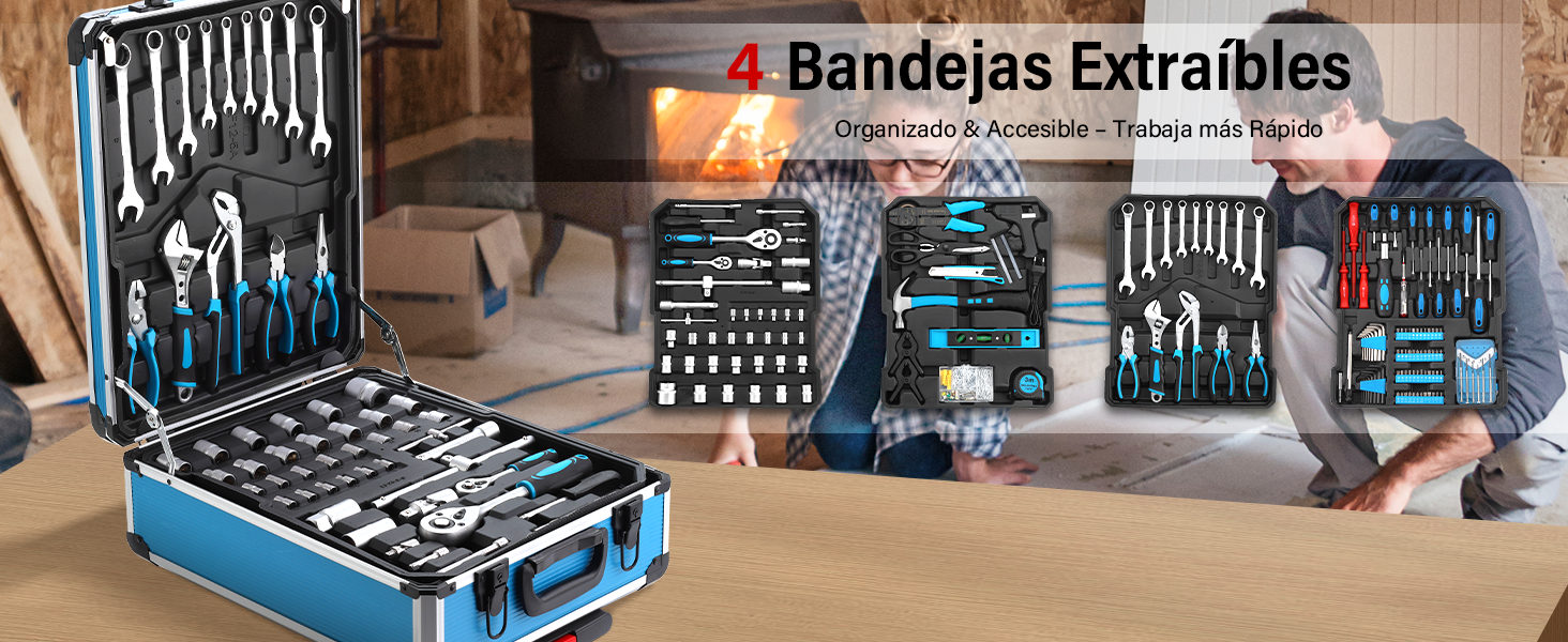 El texto dice «Bandejas Extraíbles». El juego de herramientas profesionales se presenta en estuches organizativos azules con varias llaves, destornilladores y otras herramientas ordenadas de forma ordenada.