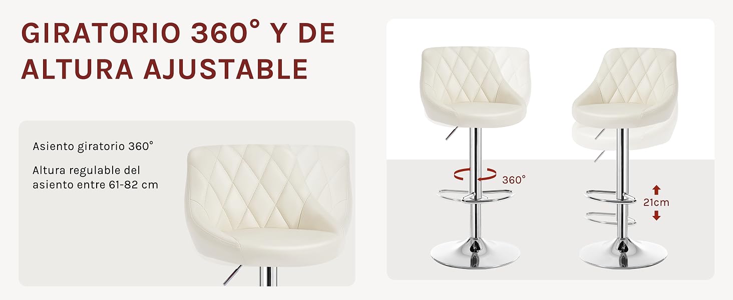 con rotación de 360 grados y altura ajustable. Base y reposapiés cromados. Las características del producto se ilustran con diagramas que muestran el rango de ajuste de altura y giro