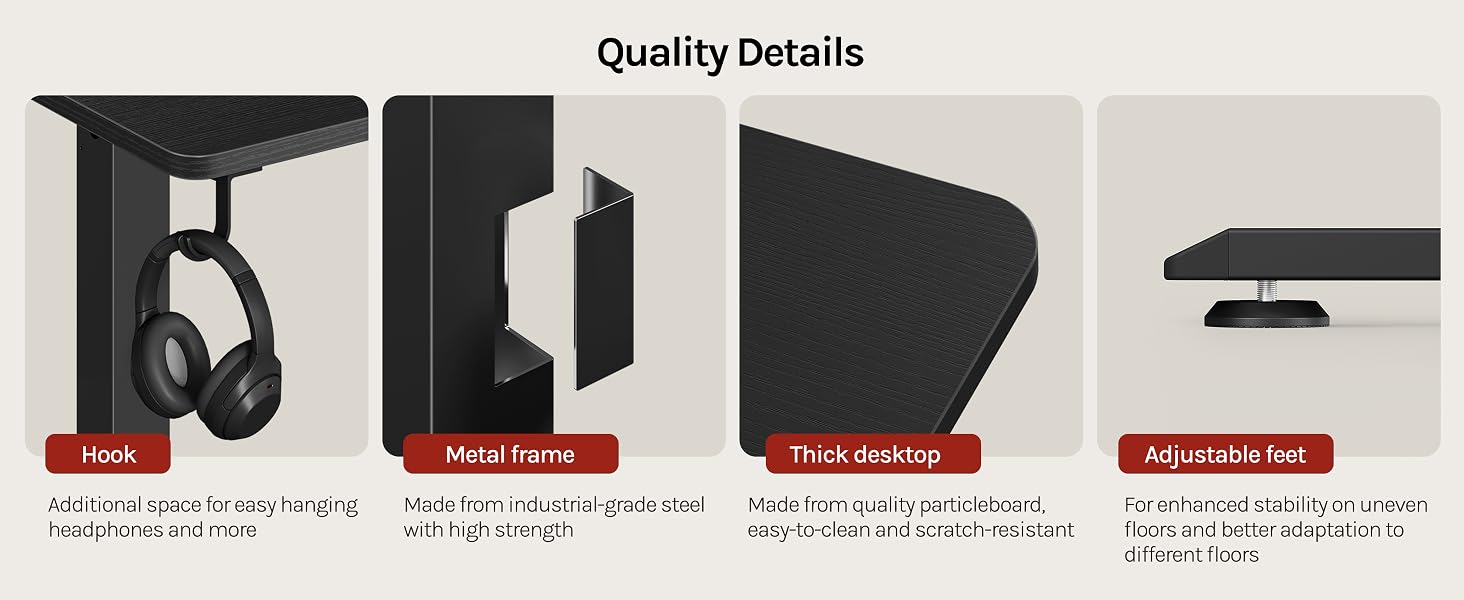 Text reads 'Quality Details'. Four product detail images showing: 1) Red text 'Foldable noise-cancelling microphone' with headphone mount, 2) Red text 'Noise-cancelling technology' with microphone component, 3) Red text 'Noise-reducing in 3 ways' with ear cup, 4) Red text 'Noise-reducing design' with angled headphone part.