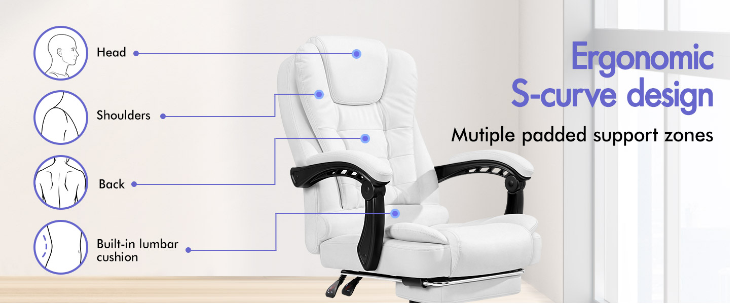 Text reads: 'Ergonomic S-curve design', 'Multiple padded support zones'. Diagram showing office chair with support points marked on head, shoulders, back, and lumbar areas.