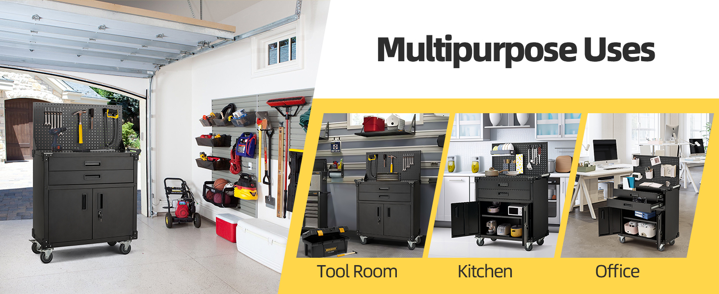 Text reads: 'Multipurpose Uses', 'Tool Room', 'Kitchen', 'Office'. Series of images showing storage solutions in different room settings.
