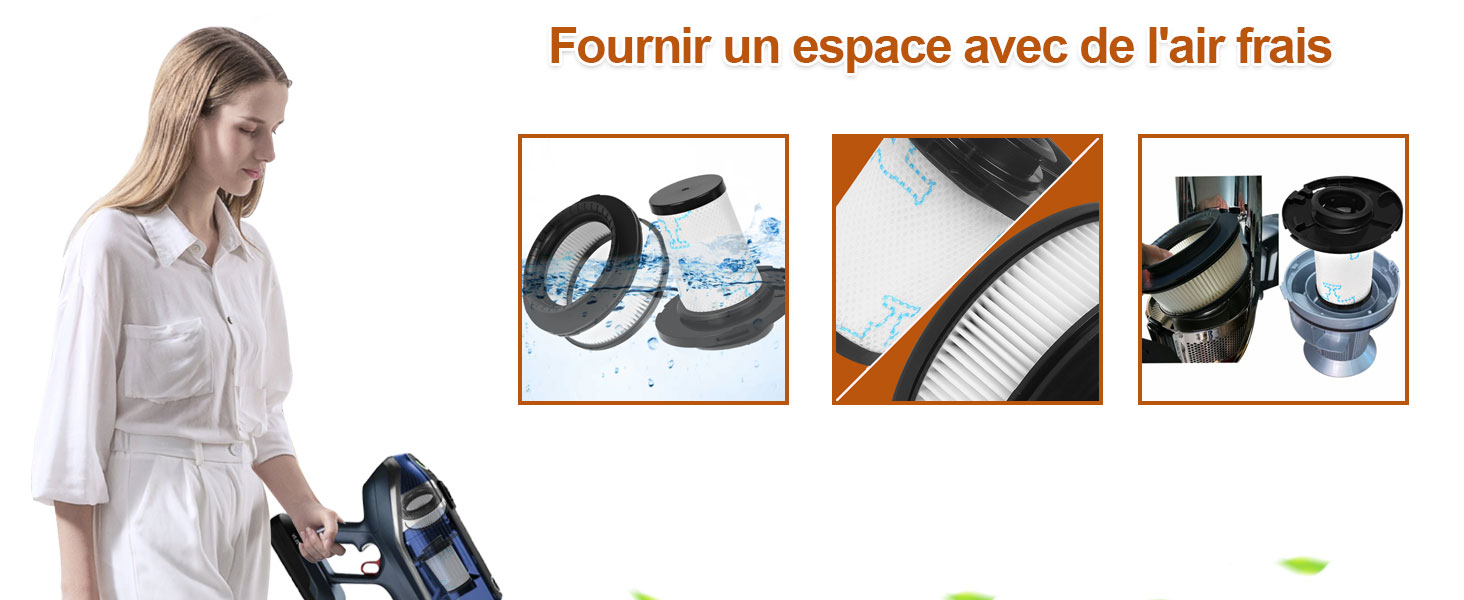 aux accents bleus. Trois images incrustées montrent les composants du filtre, le rouleau de brosse et l'assemblage de la cartouche. Le texte en français suggère qu'il fournit de l'air frais.