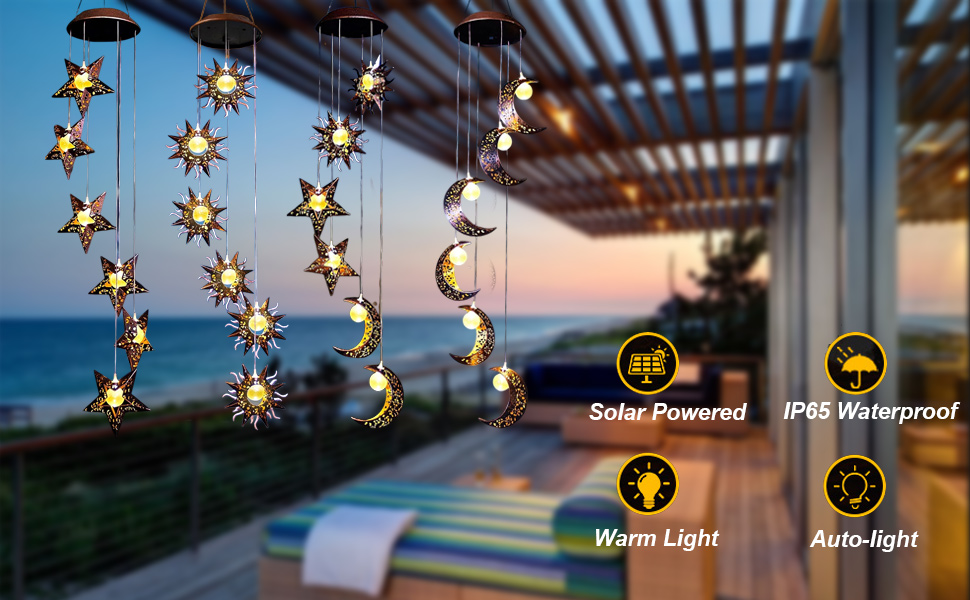 en forme d'étoile et de lune. Les caractéristiques incluent une lumière chaude, une fonction d'éclairage automatique et un indice d'étanchéité IP65 pour la décoration de terrasse