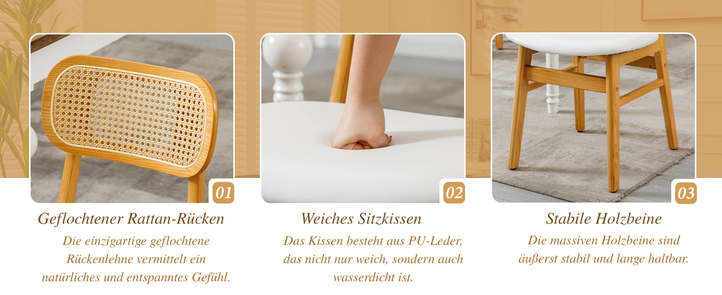 Das zusammengesetzte Bild eines Holzhockers verfügt über: Sitz aus Rohrgeflecht, nackte Füße auf weichem Kissen und robuste Holzbeine. Der Text beschreibt Komfort, Weichheit und Stabilität auf Deutsch