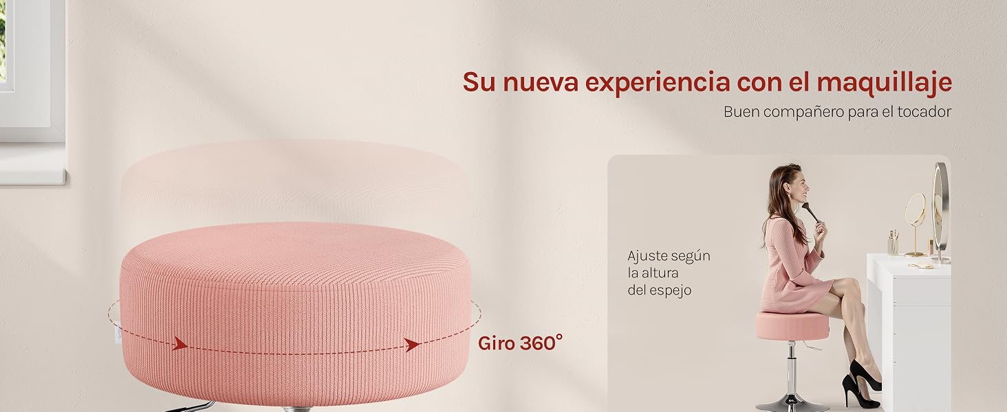 Texto: 'Su nueva experiencia con el maquillaje' y 'Giro 360°'.
[SENTENCE 13] Imágenes de demostración del producto que muestran un aplicador cosmético rosa con capacidad de rotación.