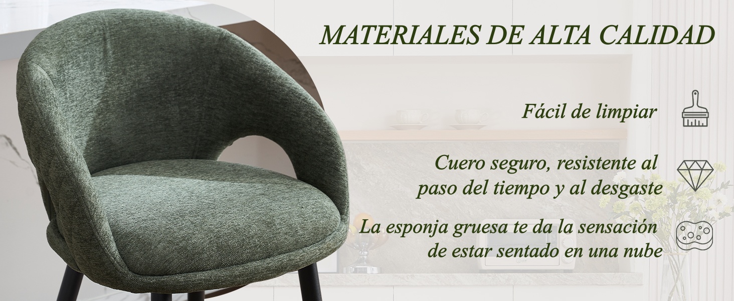 El texto dice «MATERIALES DE ALTA CALIDAD». Vistas de cerca de un material o superficie texturizada de color gris oscuro desde diferentes ángulos.