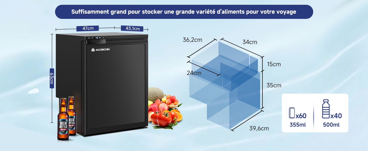d'une capacité de 60 L pour les boissons et de 40 L pour les aliments. Dimensions : 54 cm de largeur, 55 cm de profondeur, 74 cm de hauteur. Stocke diverses boissons et produits alimentaires.