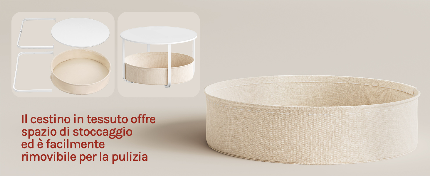 Il testo recita «il cestino in tessuto offre spazio di stoccaggio ed è facilmente rimovibile per la pulizia». Contenitori portaoggetti in tessuto beige con manici rotondi mostrati nella disposizione impilata e nella configurazione aperta.