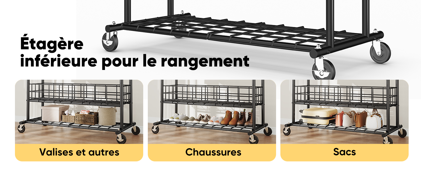 Le texte indique « Étagère inférieure pour le rangement » avec des sections étiquetées pour « Valises et autres », « Chaussures », « Sacs ». Montre un support de rangement ajustable à roulettes sous le lit.
