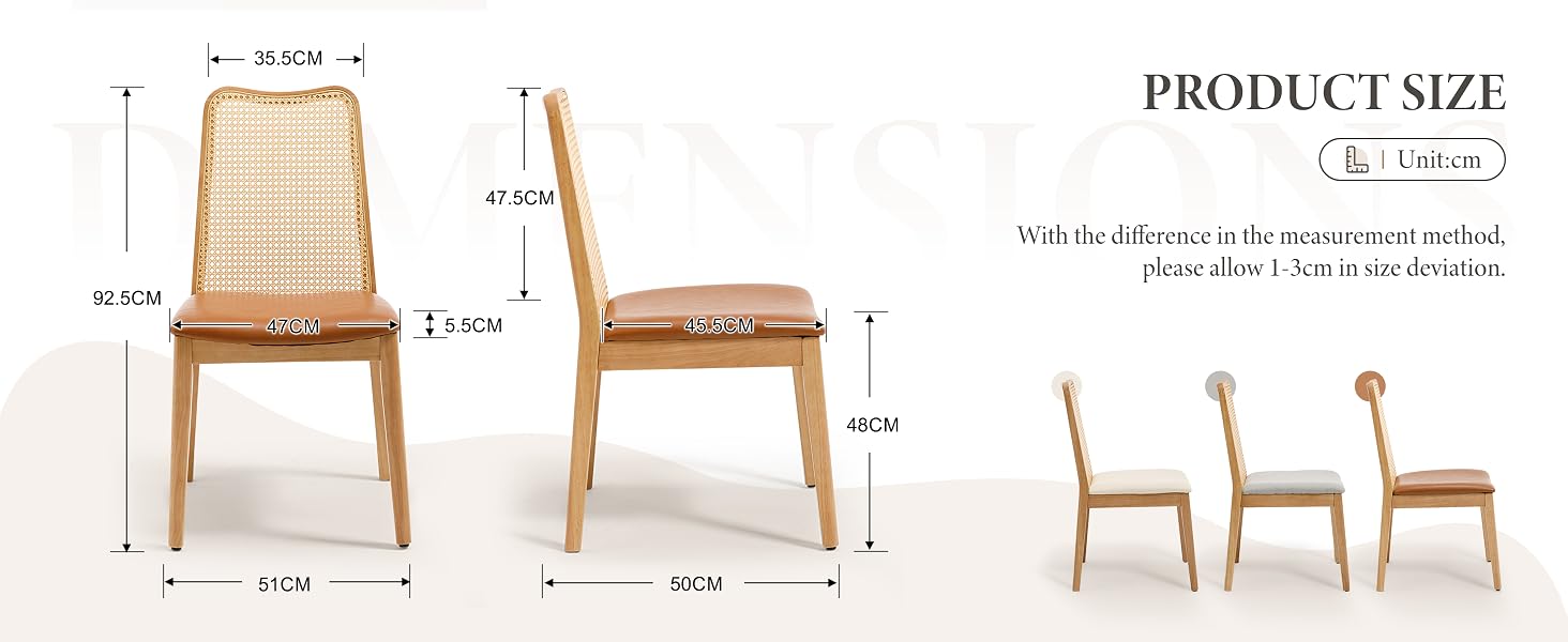 Text reads "PRODUCT SIZE". Wooden chair shown from front and side views with dimension measurements and technical specifications. Natural light wood construction with woven rattan seat and backrest displayed.