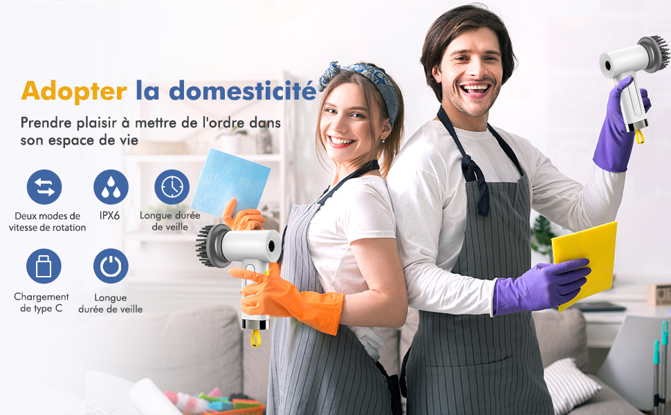 Publicité sur les services de nettoyage présentant des outils de nettoyage et des icônes indiquant des fonctionnalités telles que la rotation à plusieurs vitesses, la classification IPX6 et les spécifications de charge