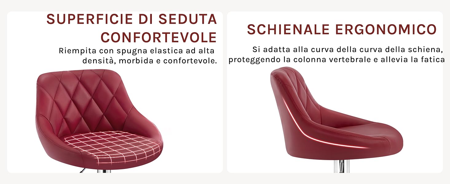 Poltrona trapuntata bordeaux con schienale curvo. Il pannello sinistro mostra il cuscino del sedile, il pannello destro evidenzia il design ergonomico dello schienale. Il testo in italiano descrive
