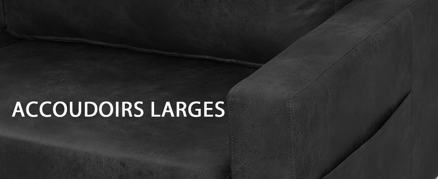Le texte indique « ACCOUDOIRS LARGES » (accoudoirs larges). Image atmosphérique sombre montrant les détails du tissu des meubles rembourrés en mettant l'accent sur le design des accoudoirs larges.