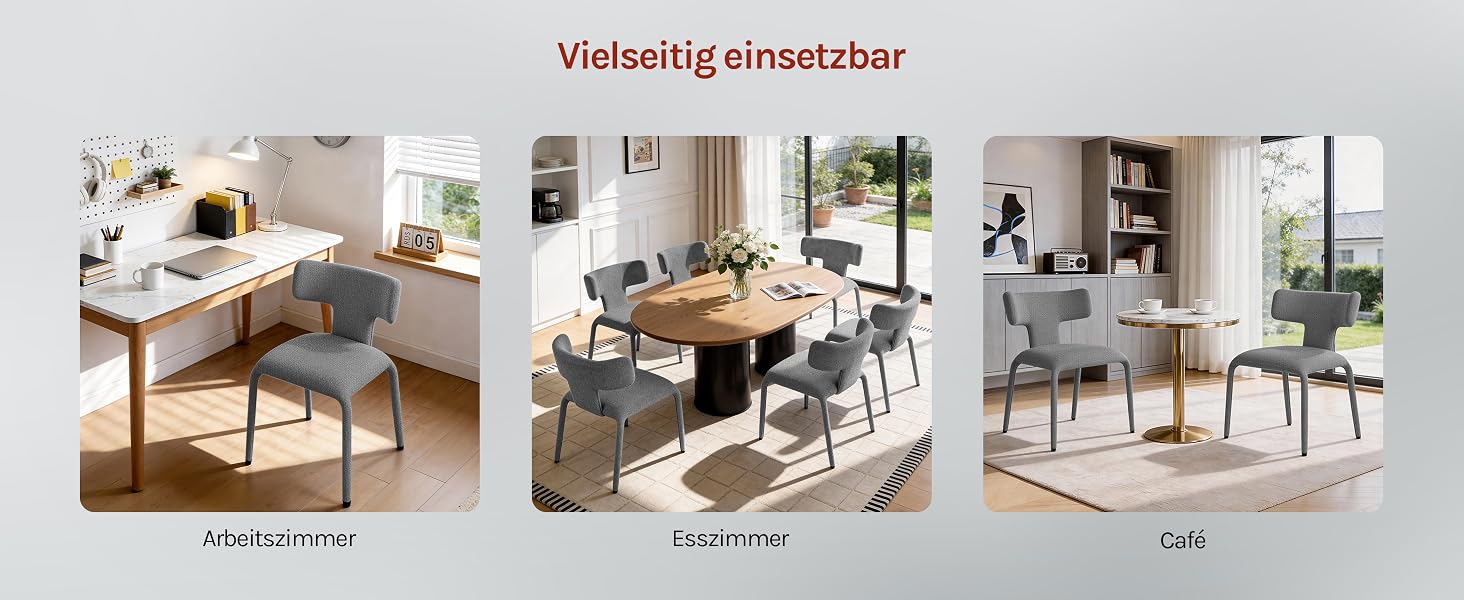 Der Text lautet „Vedselig druvestolar“. Serie von Innenarchitekturfotos, die moderne Esszimmermöbel mit Holztischen und Stühlen zeigen.