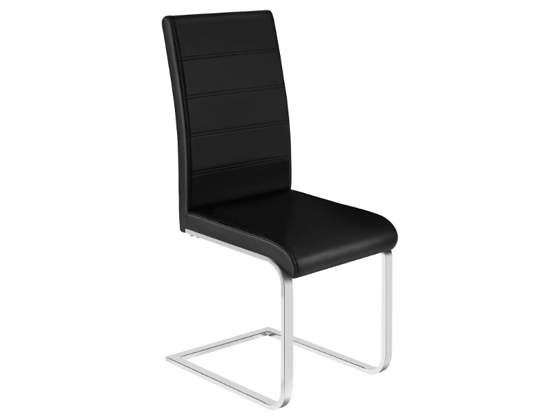 Black upholstered dining chair with high curved backrest and chrome or silver metal cantilever frame base, modern minimalist design shown against white background.