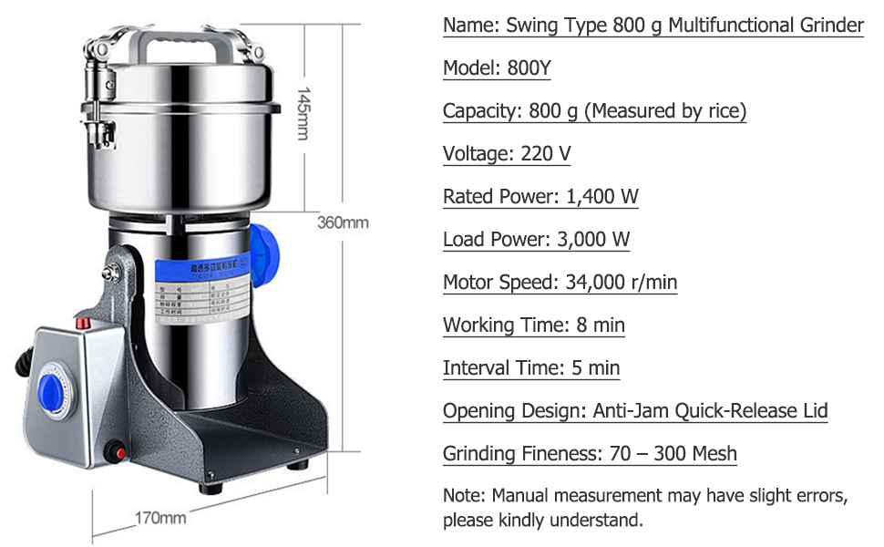 Le texte se lit comme suit : « Moulin multifonctionnel Shiny Type 800 g, modèle 8807, capacité 800 g, tension 110 V, puissance nominale 1 000 W, puissance de charge 3 000 W, vitesse du moteur 34 000 r/min, temps de fonctionnement 8 min, temps interne 5 min, design d'ouverture, couvercle anti-bourrage à dégagement rapide, finesse de broyage 70-200 mailles ». Moulin électrique argenté avec base bleue et spécifications techniques.