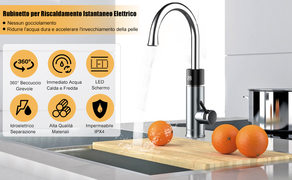 Acqua Calda Rubinetto Elettrico Istantaneo, 3200W Rubinetto Elettrico in  Acciaio Inox, Rotazione 360°, Argento Rubinetto Cucina Dotato di LED  Digital Display, Acqua Calda senza Preriscaldamento