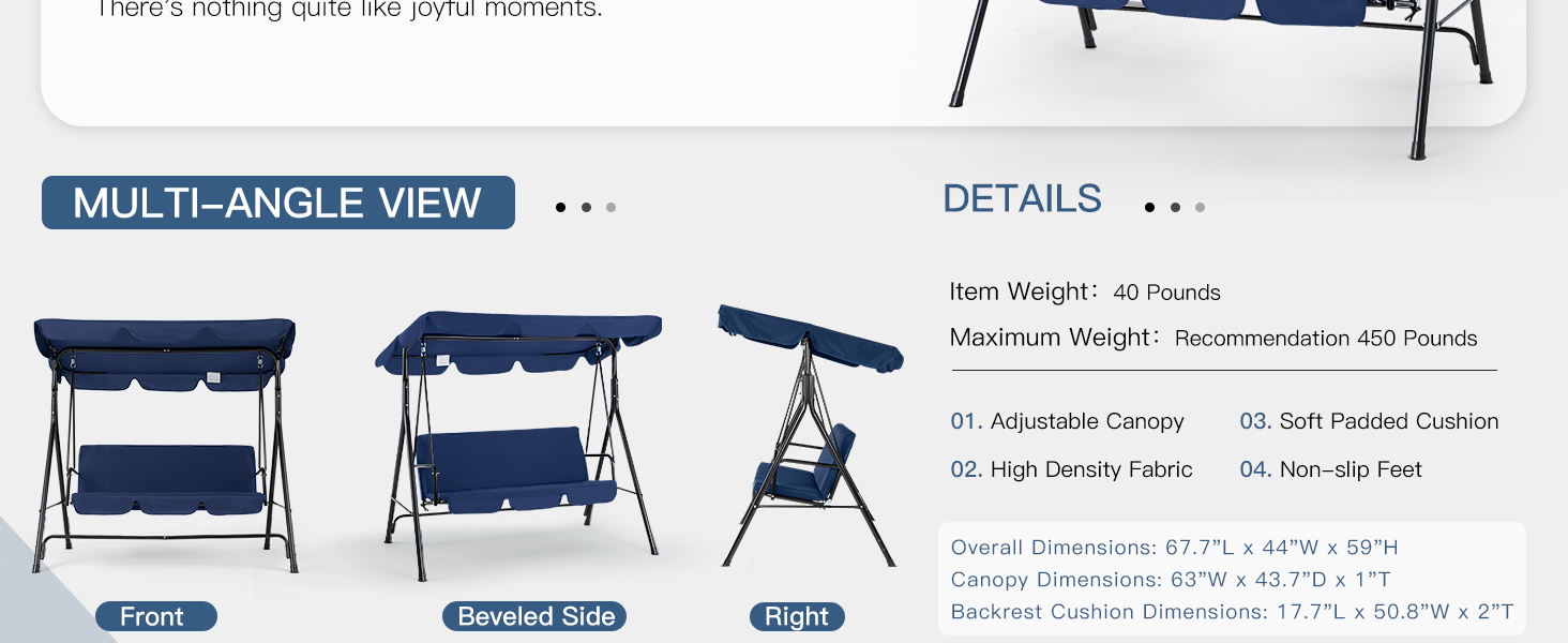 Text reads 'MULTI-ANGLE VIEW' and 'DETAILS'. Product specifications for patio swing showing three views and technical details including dimensions and features in navy blue layout.