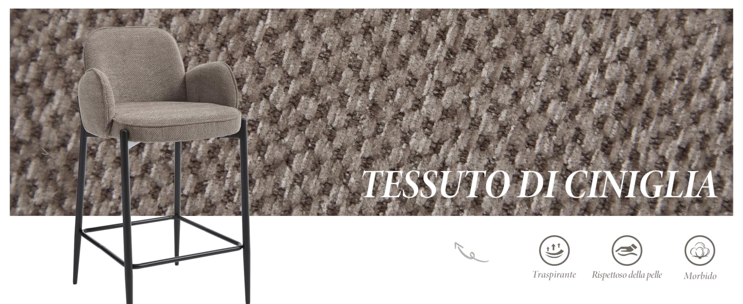 Il testo recita: 'TESSUTO DECINIGLIA'. Sgabello da bar imbottito grigio con struttura in metallo su sfondo in tessuto testurizzato, con icone circolari nella parte inferiore.