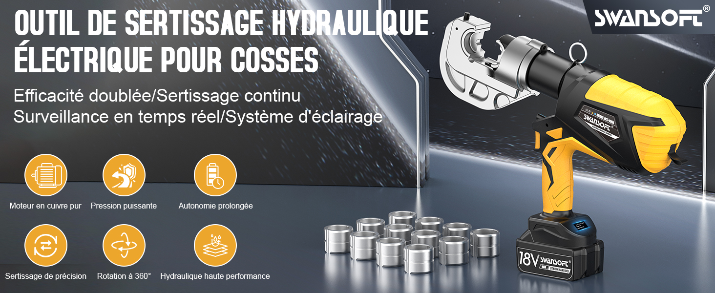 Le texte se lit comme suit : « OUTIL DE SERISSAGE HYDRAULIQUE ELECTRONIQUE POUR COSSES ». Image de démonstration du produit montrant un outil électrique jaune avec des spécifications techniques