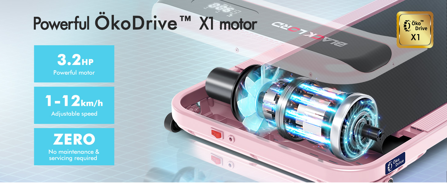 Text reads 'Powerful OkoDrive X1 motor'. Close-up view of the same electronic device showing detailed motor components with blue lighting.